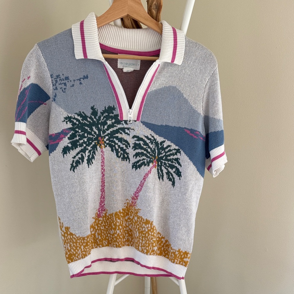 Cynthia Rowley, Colorful Collared Knit Top with Palm Tree Design. 100 percent .
